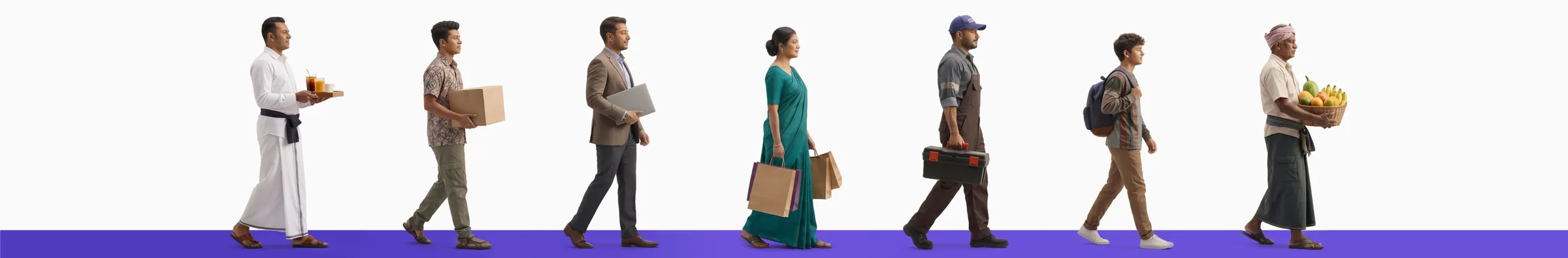 People from different walks of life in Sri Lanka walking forward together: a waiter, a young worker carrying a box, an office worker, a woman in a saree with shopping bags, a technician with a toolbox, a student and a fruit seller.